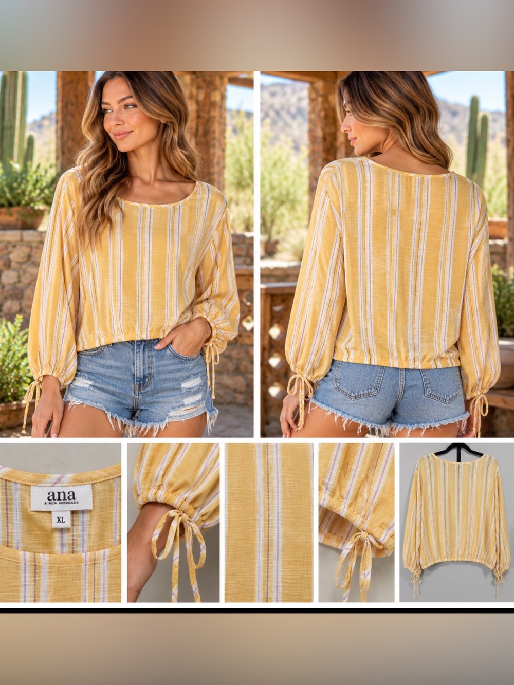 a.n.a Yellow Striped Long-Sleeve Drawstring Hem Top 25ptp 23L cotton